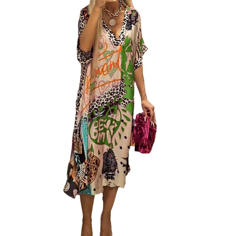 Women's Graphic Print V-Neck Swing Tunic Dress | Spring