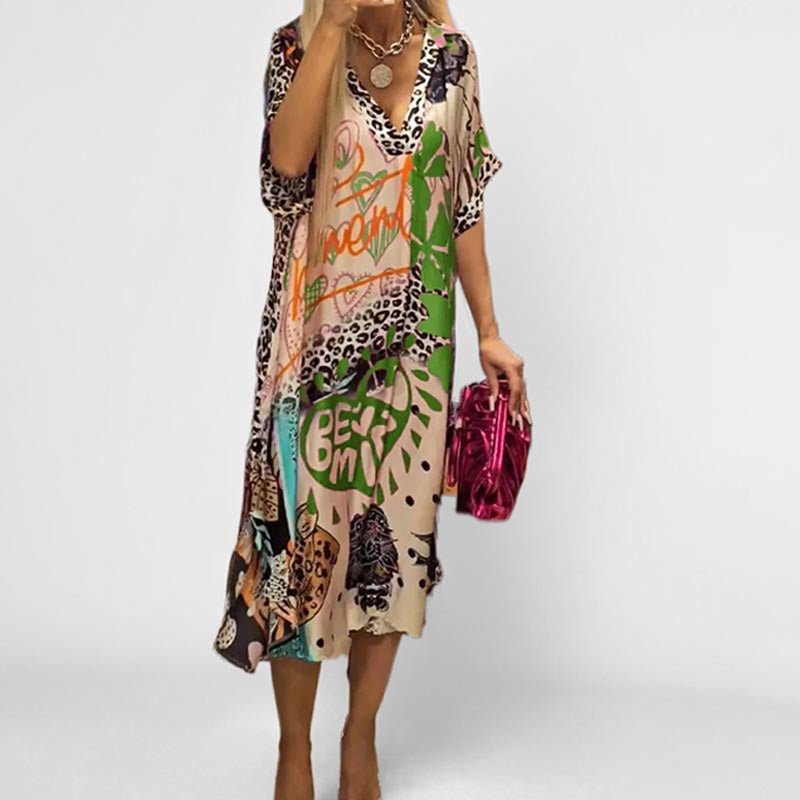 Women's Graphic Print V-Neck Swing Tunic Dress | Spring - Green