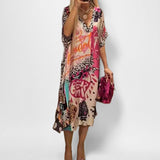 Women's Graphic Print V-Neck Swing Tunic Dress | Spring - Pink