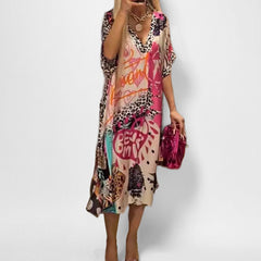 Women's Graphic Print V-Neck Swing Tunic Dress | Spring - Pink