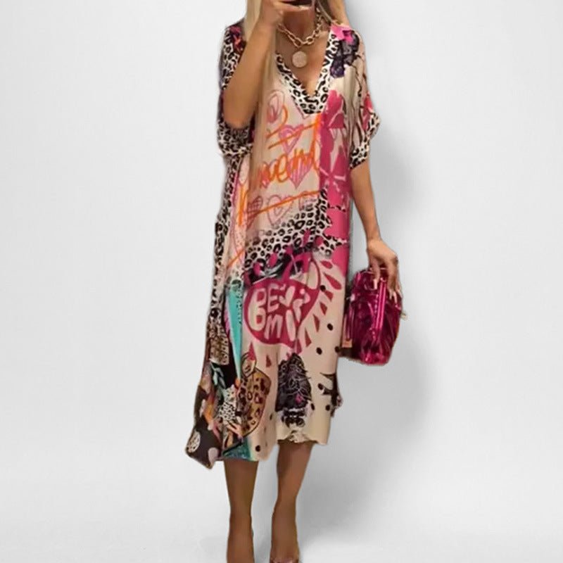 Women's Graphic Print V-Neck Swing Tunic Dress | Spring - Pink