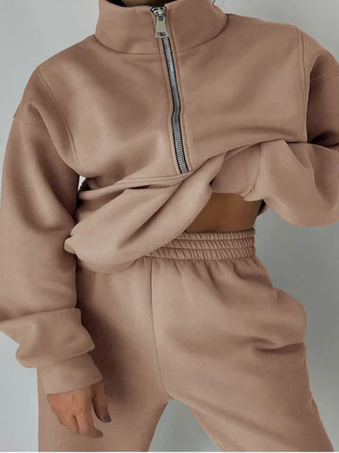 Women's Half Zip Loungewear Set | Comfort Fit | Autumn - Camel