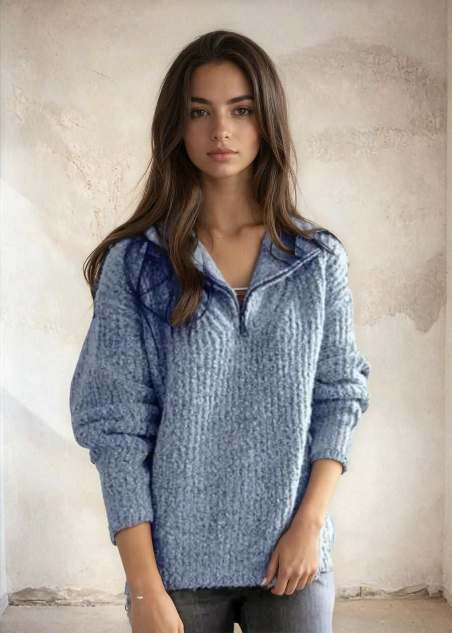Women's Half-Zip Sweater - Casual Comfort Knit | Fall - Blue