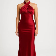 Women's Halter Evening Gown | Open Back | Long | Summer - Burgundy
