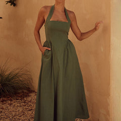 Women's Halter Maxi Dress | A-Line Elegant | Summer - Army Green