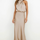Women's Halter Neck Evening Dress - Flowing Elegance | Summer - Beige