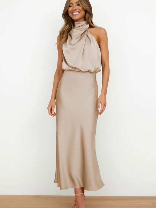 Women's Halter Neck Evening Dress - Flowing Elegance | Summer - Beige