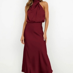 Women's Halter Neck Evening Dress - Flowing Elegance | Summer - Burgundy