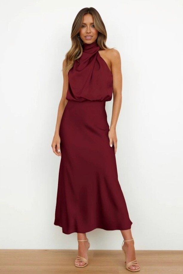 Women's Halter Neck Evening Dress - Flowing Elegance | Summer - Burgundy