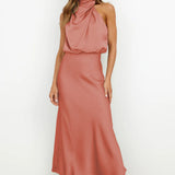 Women's Halter Neck Evening Dress - Flowing Elegance | Summer - Coral Pink