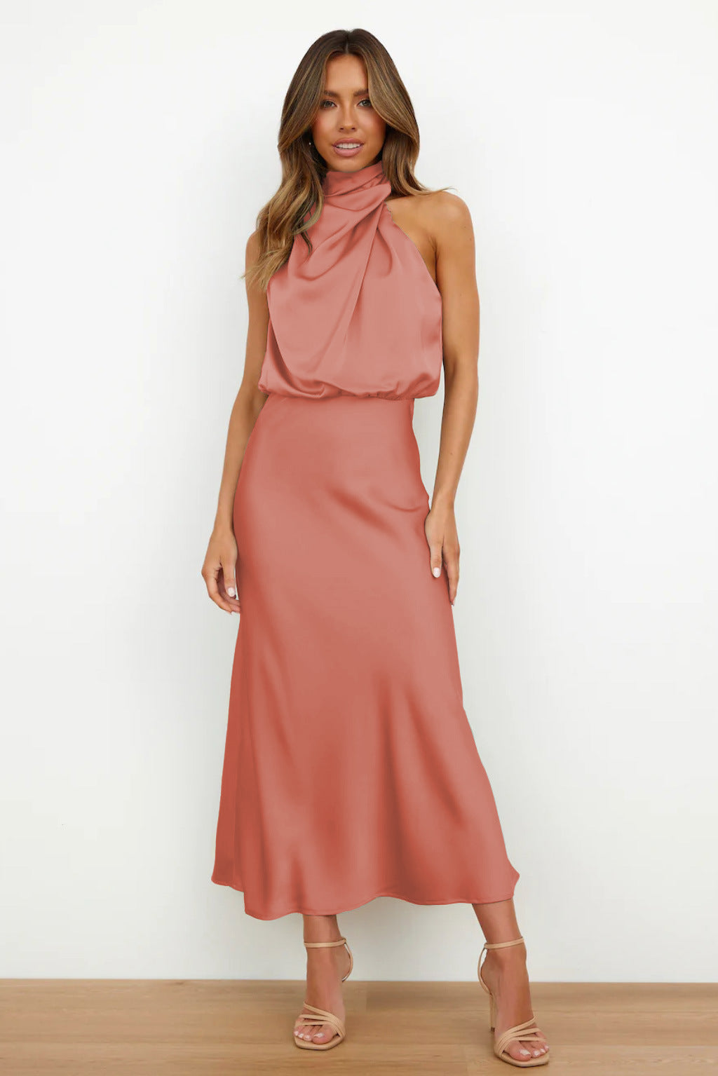 Women's Halter Neck Evening Dress - Flowing Elegance | Summer - Coral Pink