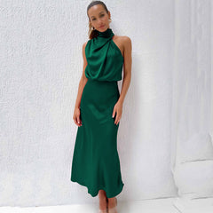 Women's Halter Neck Evening Dress - Flowing Elegance | Summer - Dark Green