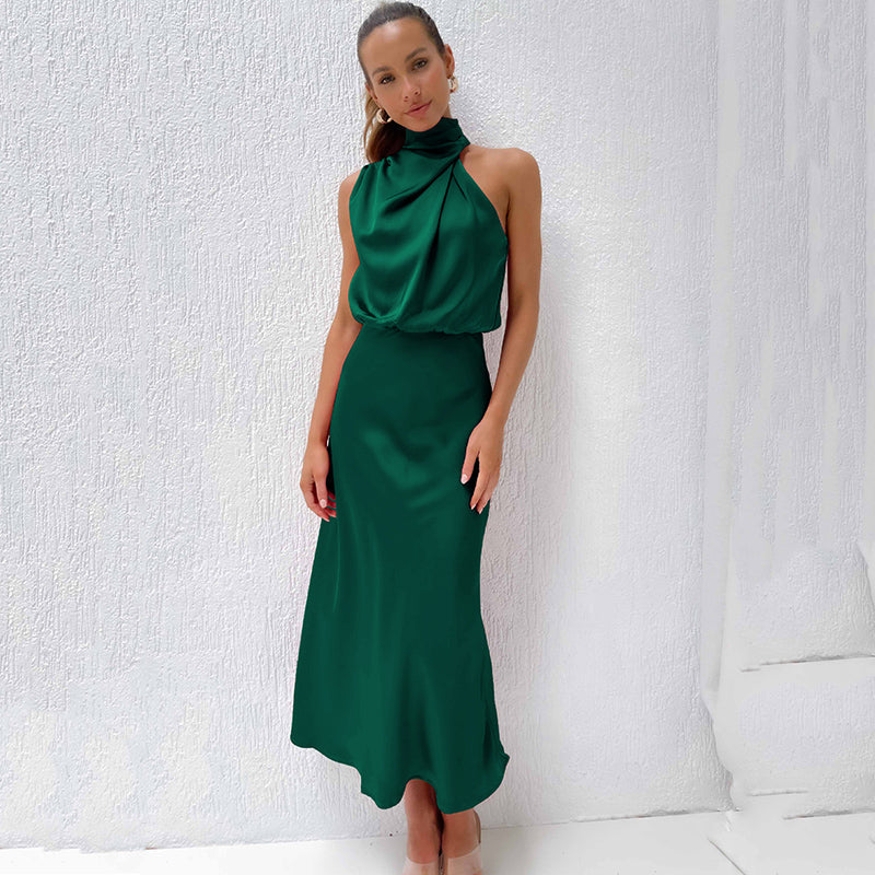 Women's Halter Neck Evening Dress - Flowing Elegance | Summer - Dark Green