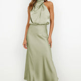 Women's Halter Neck Evening Dress - Flowing Elegance | Summer - Light Green