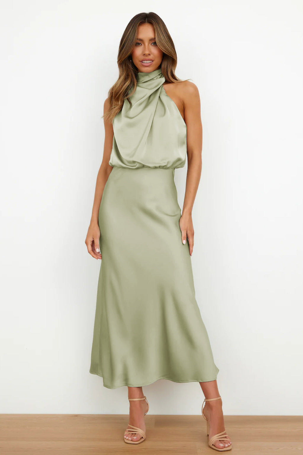 Women's Halter Neck Evening Dress - Flowing Elegance | Summer - Light Green