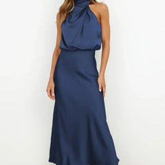 Women's Halter Neck Evening Dress - Flowing Elegance | Summer - Navy