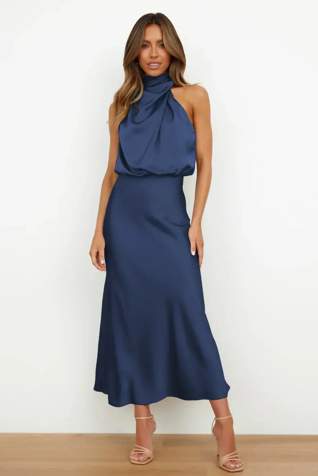 Women's Halter Neck Evening Dress - Flowing Elegance | Summer - Navy