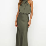 Women's Halter Neck Evening Dress - Flowing Elegance | Summer - Olive Green