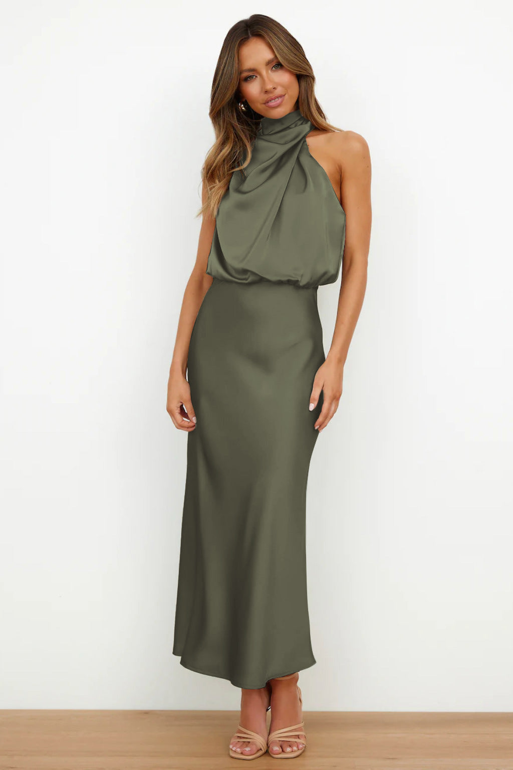Women's Halter Neck Evening Dress - Flowing Elegance | Summer - Olive Green