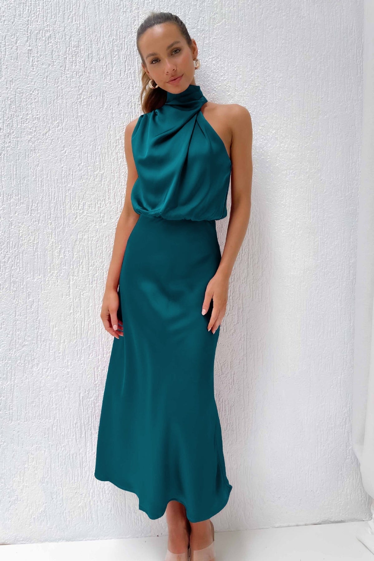 Women's Halter Neck Evening Dress - Flowing Elegance | Summer - Turquoise