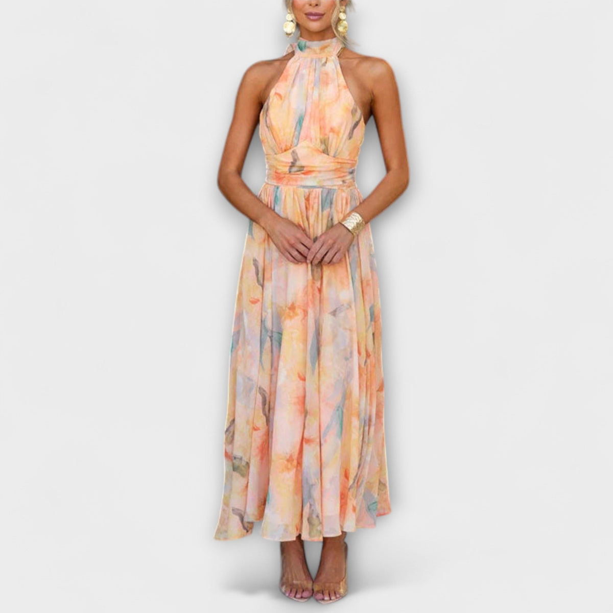 Women's Halter Neck Gradient Dress - Watercolor Elegance | Summer - Reddish Orange