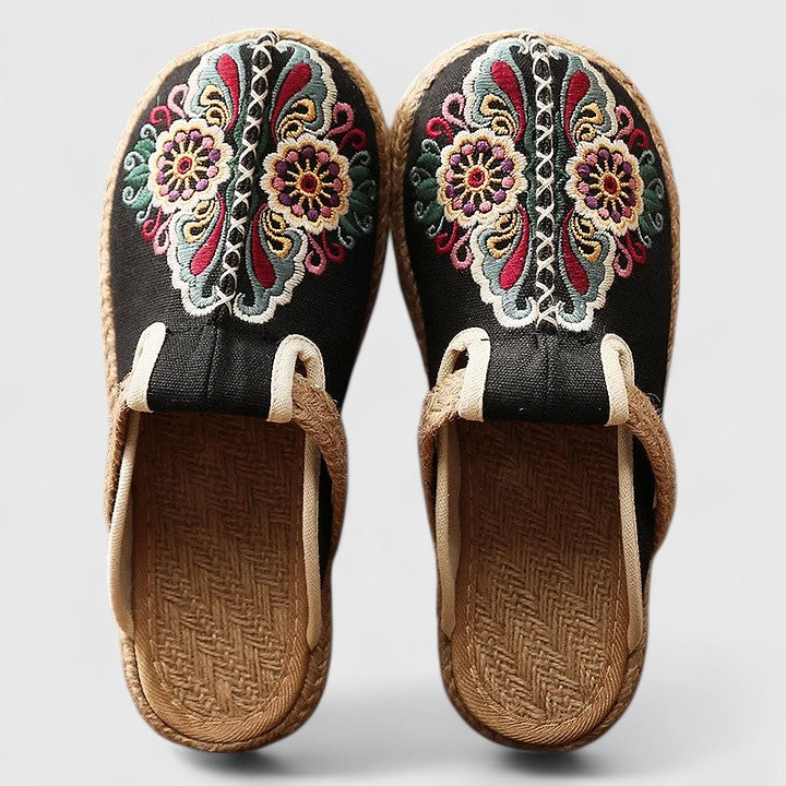 Women's Hand-Embroidered Floral Mules - Artisanal Comfort | Autumn - Black