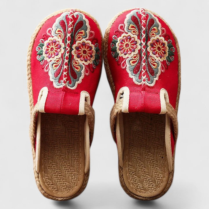 Women's Hand-Embroidered Floral Mules - Artisanal Comfort | Autumn - Red