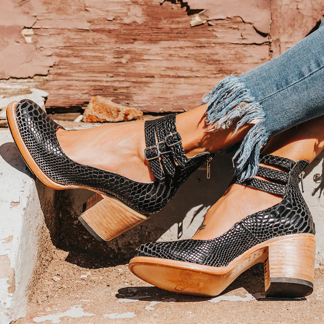 Women's Heels | Vintage Buckle Strap | Autumn - Black Snake