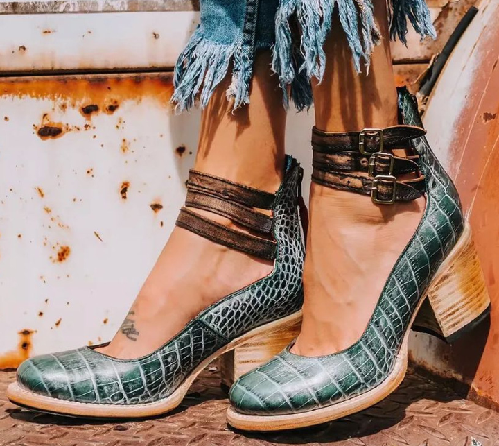 Women's Heels | Vintage Buckle Strap | Autumn - Green Snake