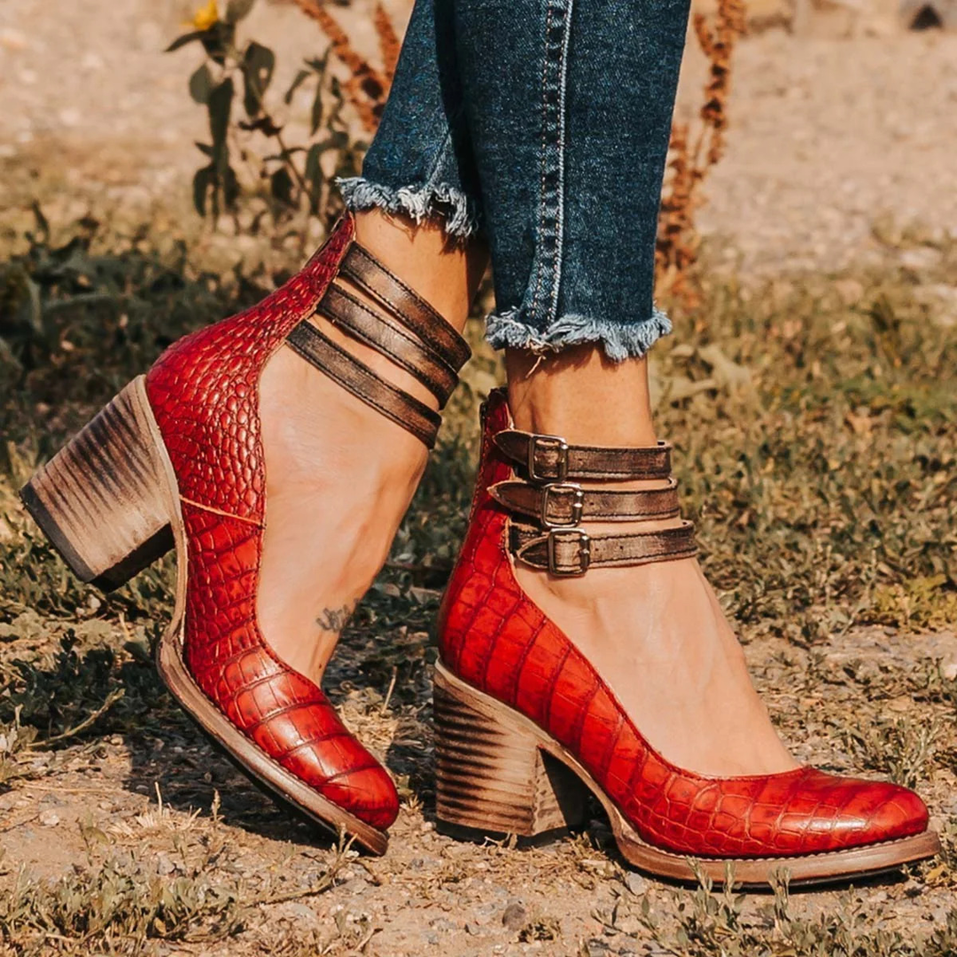 Women's Heels | Vintage Buckle Strap | Autumn - Red Snake