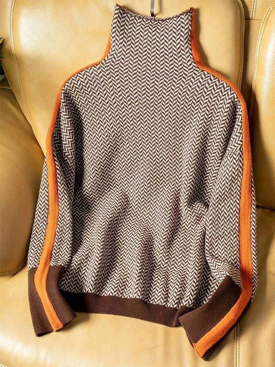 Women's Herringbone Oversized Turtleneck Sweater - Contrast Trim