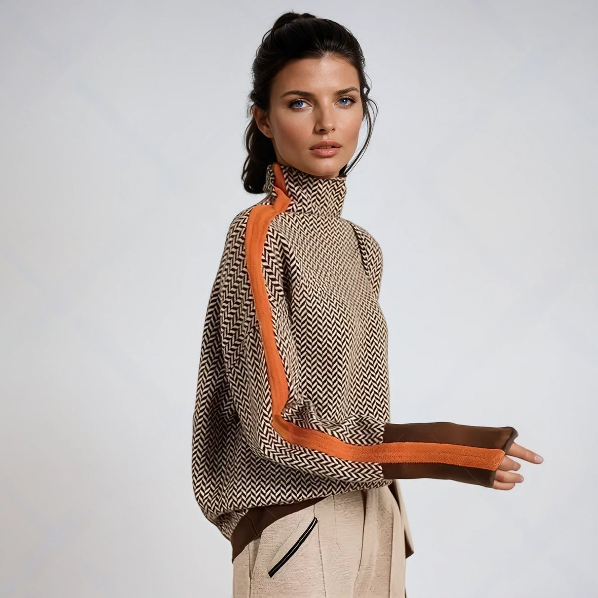 Women's Herringbone Oversized Turtleneck Sweater - Contrast Trim - Orange