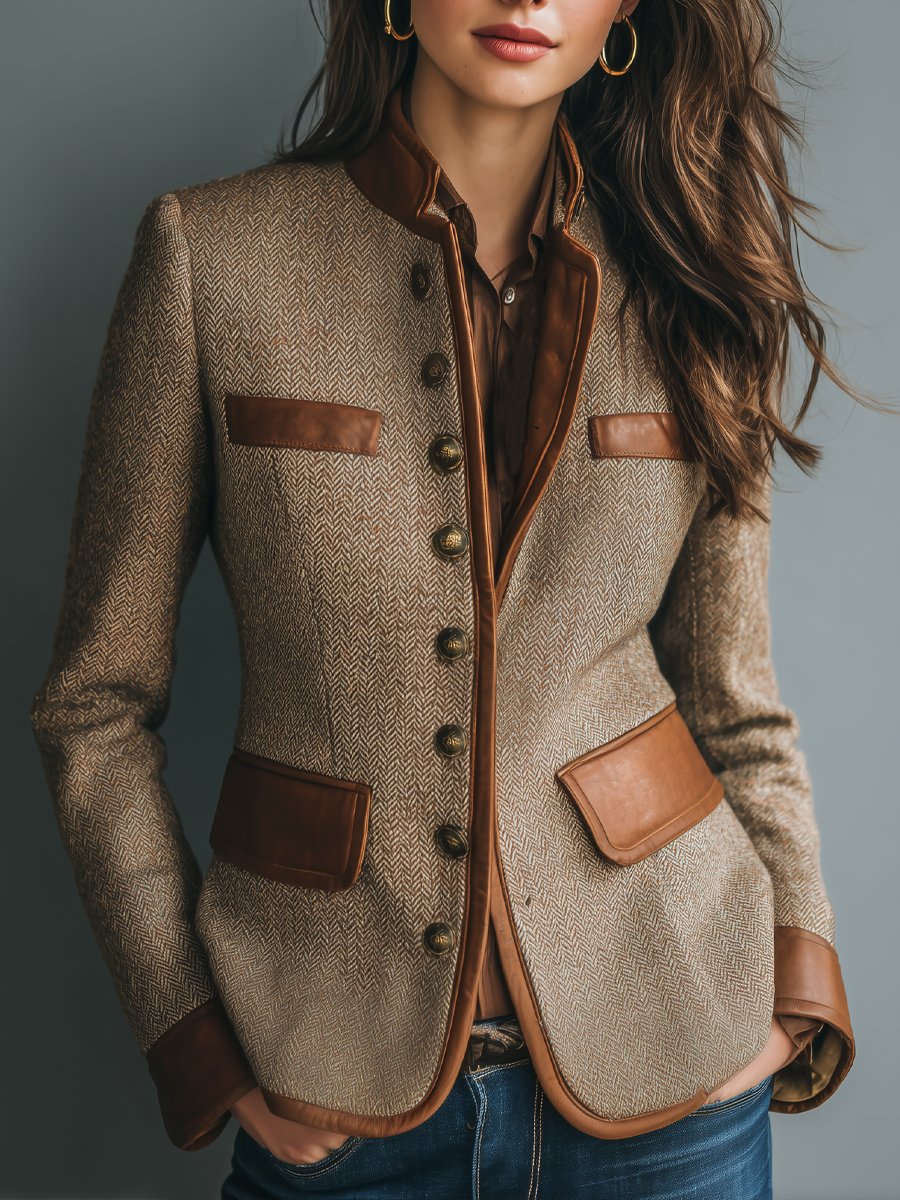 Women's Herringbone Tweed Jacket with Leather Trim - Vintage Blazer - Brown