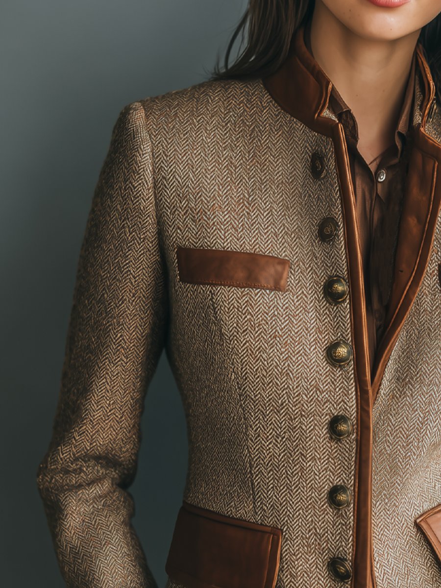 Women's Herringbone Tweed Jacket with Leather Trim - Vintage Blazer