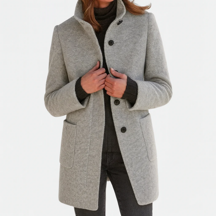 Women's High-Collar Wool Coat - Straight Cut | Autumn - Grey