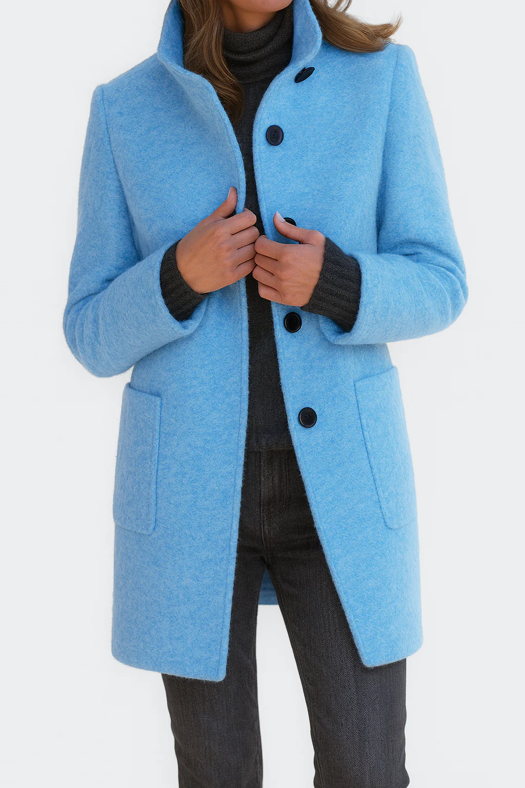 Women's High-Collar Wool Coat - Straight Cut | Autumn - Light Blue