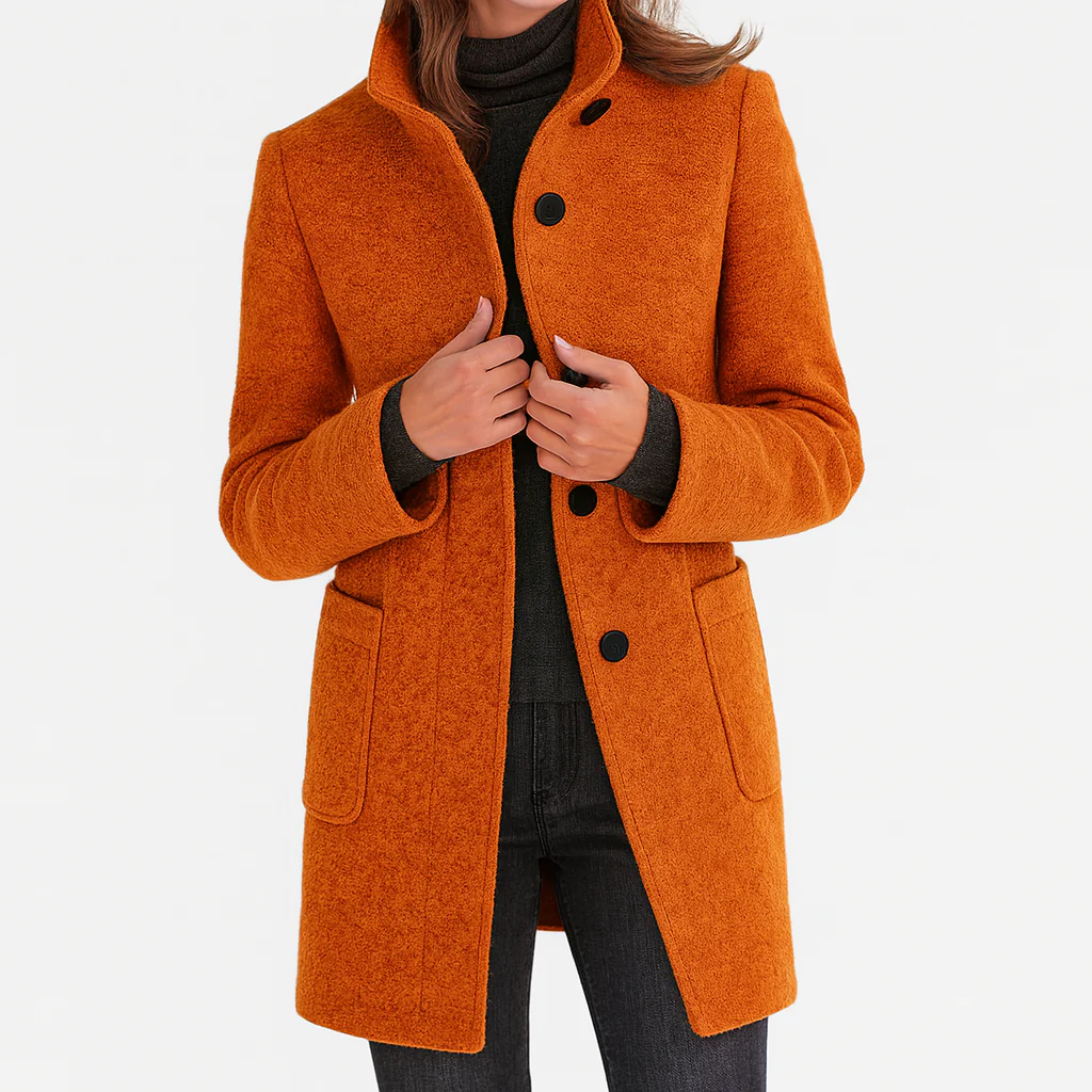 Women's High-Collar Wool Coat - Straight Cut | Autumn - Orange