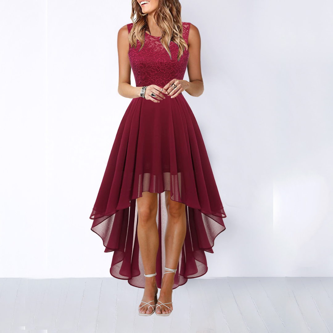 Women's High-Low Midi Dress - Elegant Wedding Guest Style | Spring - Dark Red