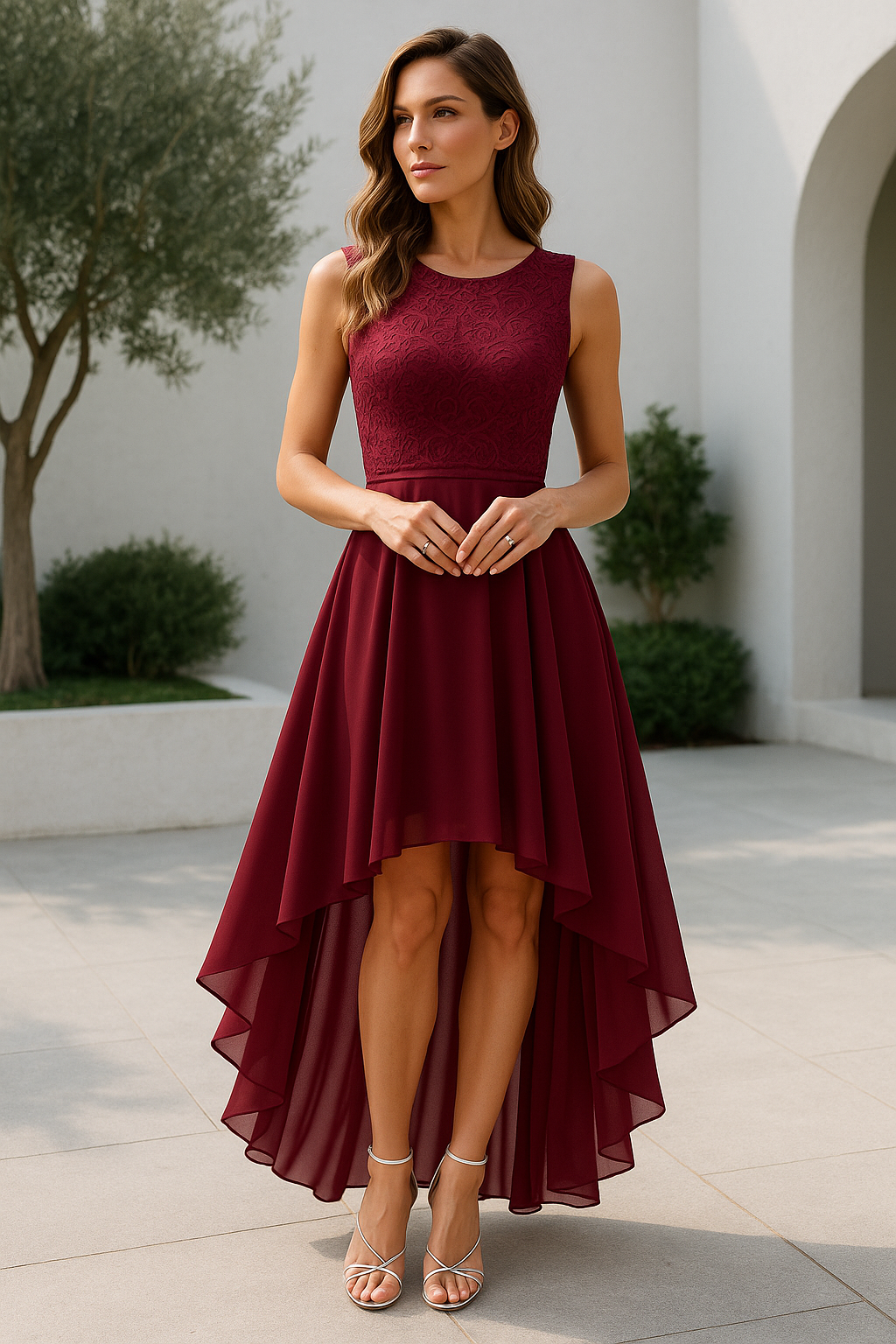 Women's High-Low Wedding Guest Dress - Marie | Spring - Deep Red