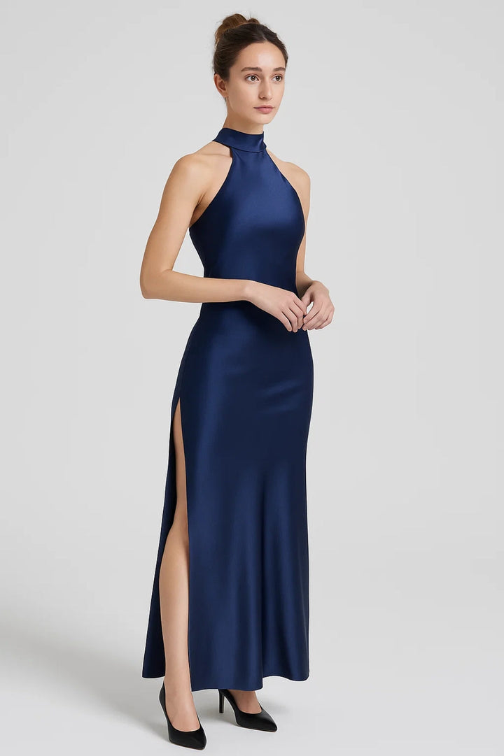 Women's High-Neck Maxi Dress | Elegant Slit | Refined | Summer - Navy