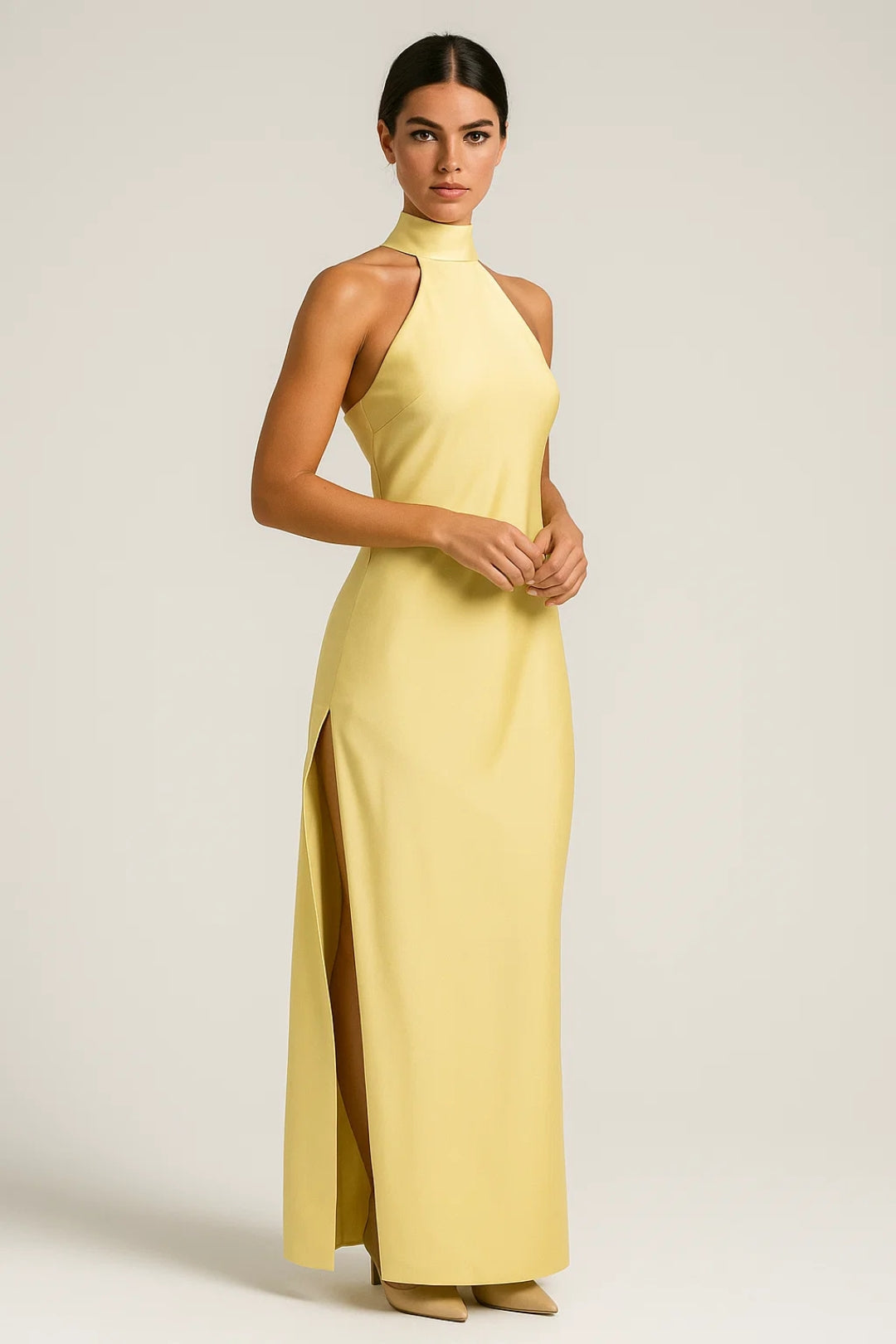 Women's High-Neck Maxi Dress | Elegant Slit | Refined | Summer - Yellow