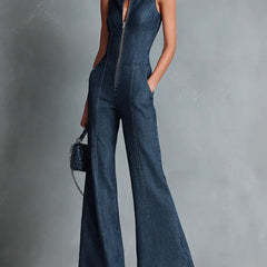 Women's High Neck Zip Front Flare Leg Denim Jumpsuit | Summer - Blue