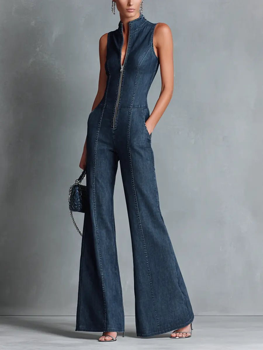 Women's High Neck Zip Front Flare Leg Denim Jumpsuit | Summer - Blue