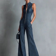 Women's High Neck Zip Front Flare Leg Denim Jumpsuit | Summer