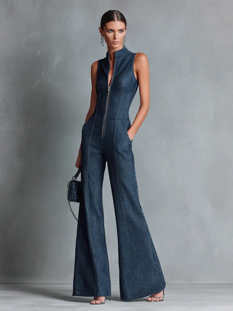 Women's High Neck Zip Front Flare Leg Denim Jumpsuit | Summer