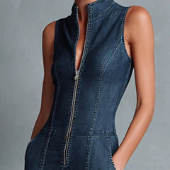 Women's High Neck Zip Front Flare Leg Denim Jumpsuit | Summer
