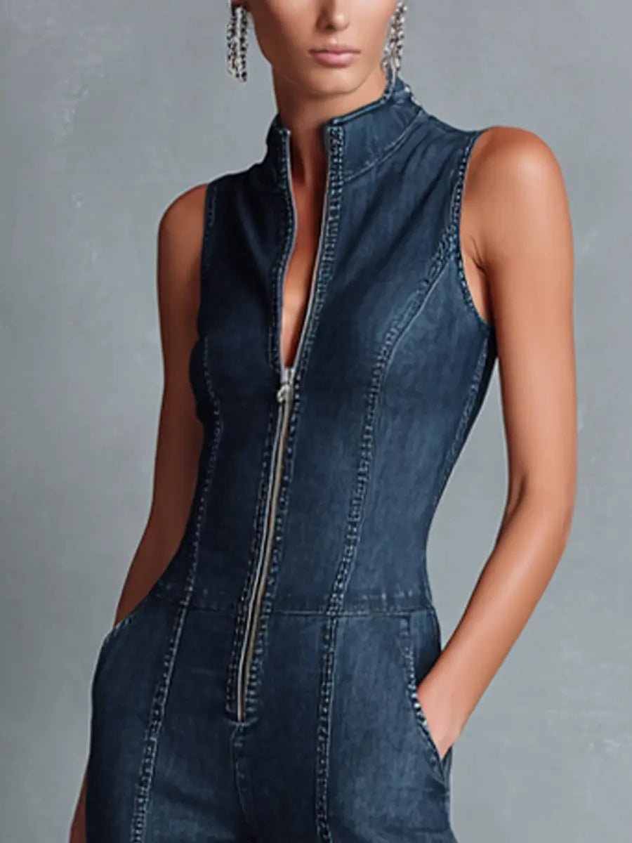 Women's High Neck Zip Front Flare Leg Denim Jumpsuit | Summer