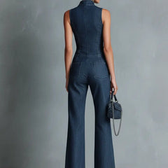 Women's High Neck Zip Front Flare Leg Denim Jumpsuit | Summer