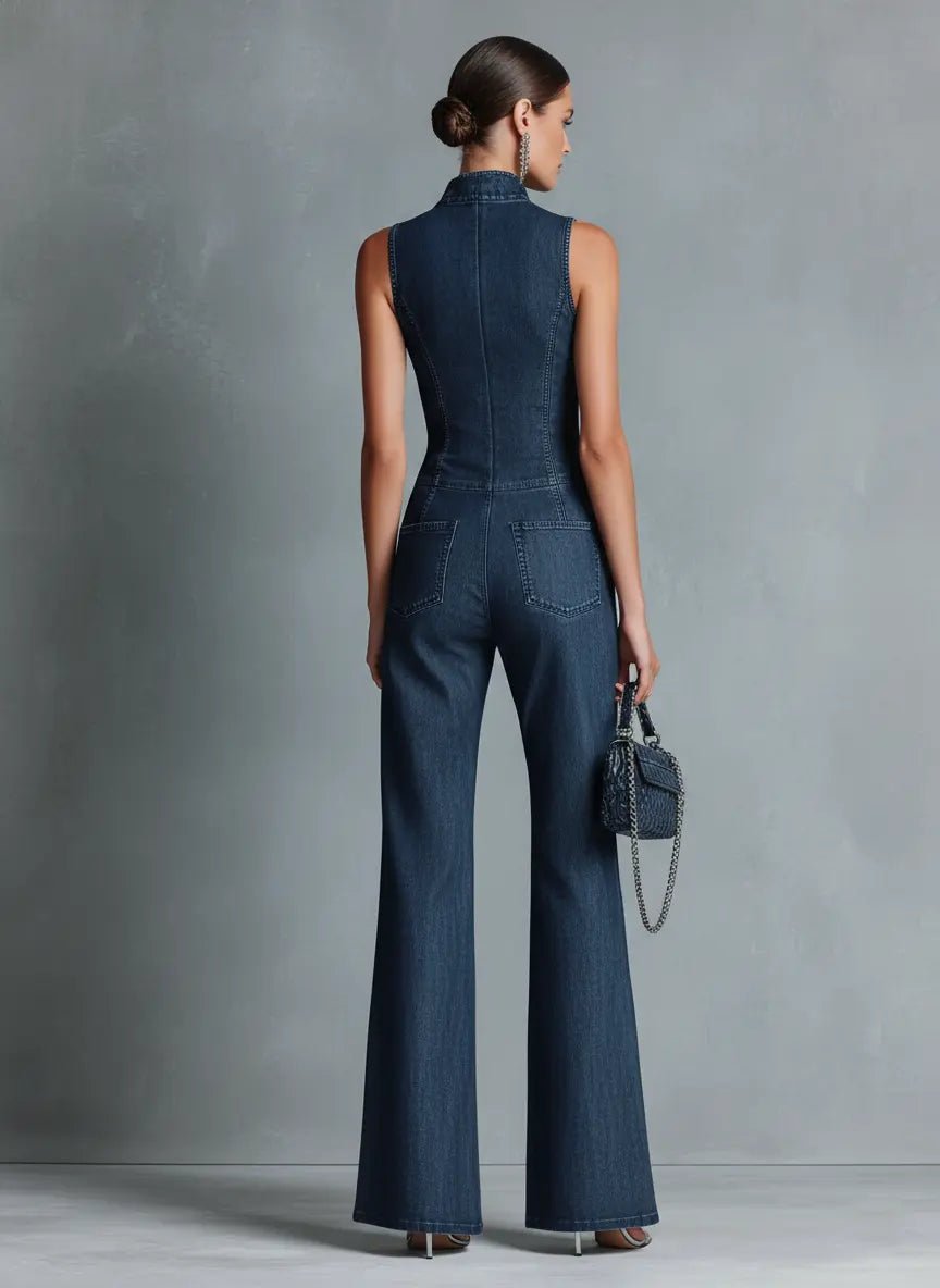 Women's High Neck Zip Front Flare Leg Denim Jumpsuit | Summer