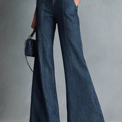 Women's High Neck Zip Front Flare Leg Denim Jumpsuit | Summer